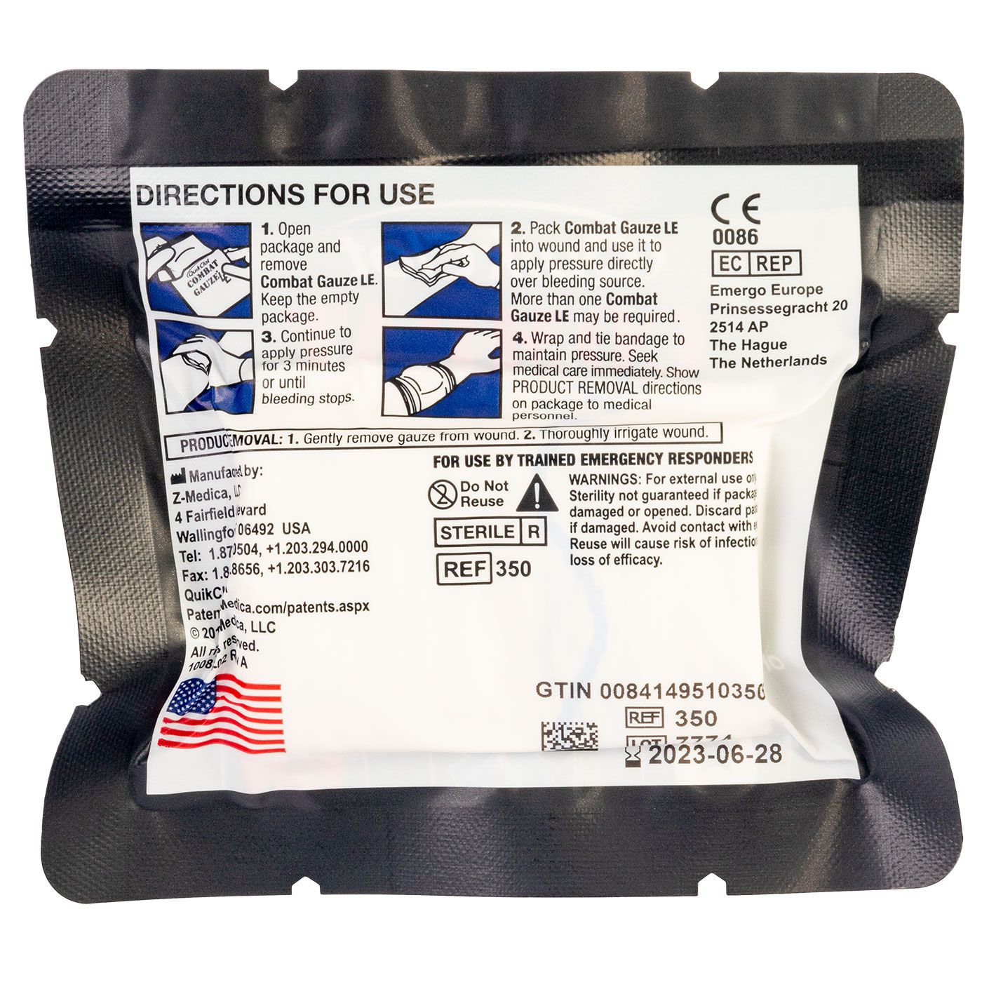 Vendaje hemostático Quick Clot ®, Combat Gauze Z-Fold-LE